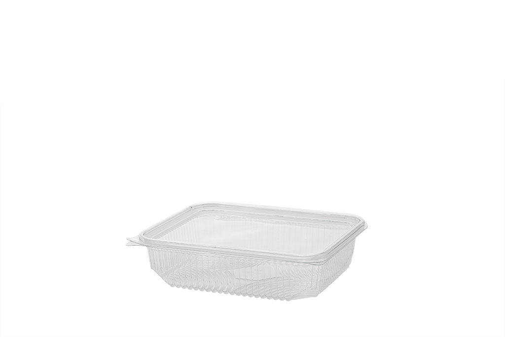 Feinkostbecher, Salatschale, Klappschale, angehängter Deckel, transparent, 750 ml, rechteckig, 16,5 x 13,5 x 4,5 cm